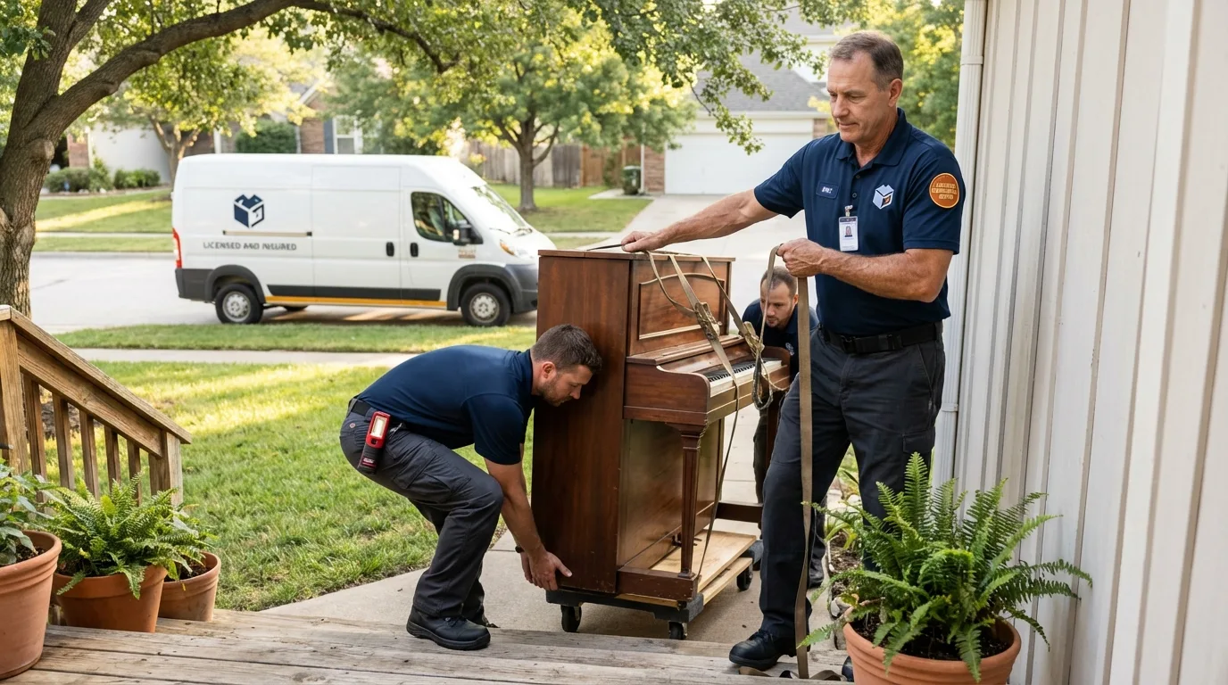 Licensed piano movers securing grand piano in Hamilton, GA