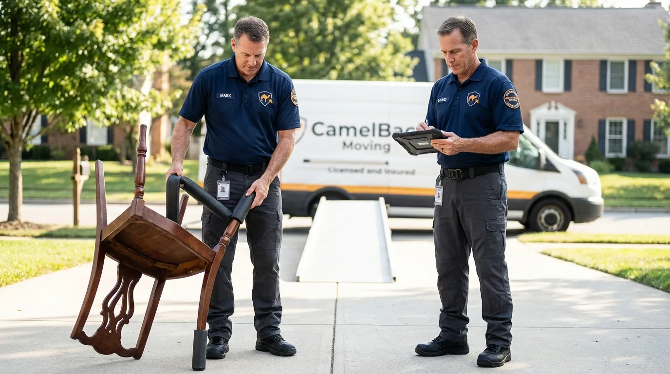 Movers inspecting furniture for damage prevention before loading in Hamilton, GA