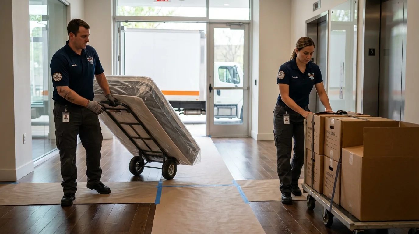 Professional apartment movers loading elevator in Hamilton, GA